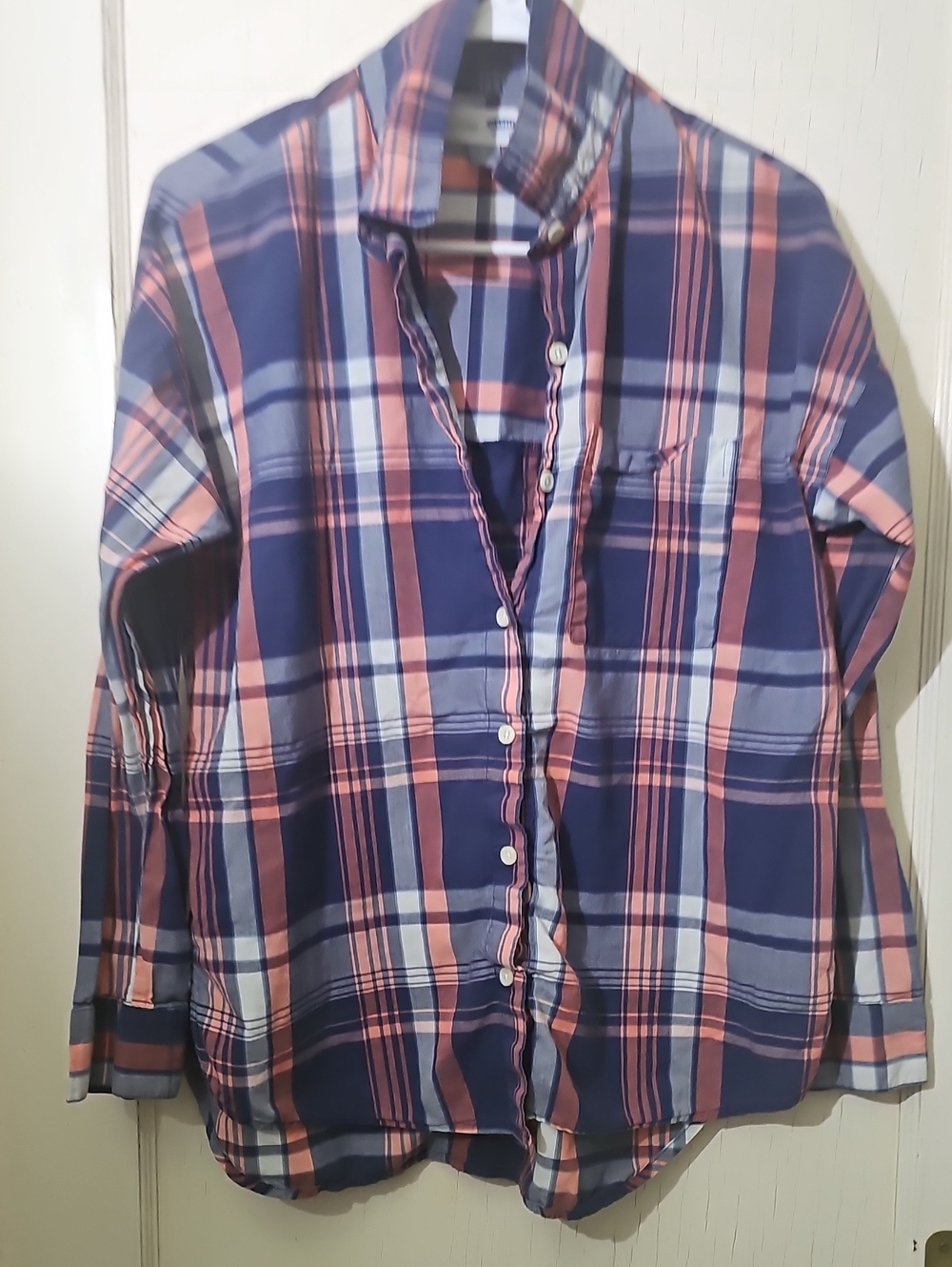 Womens Navy and Pink Plaid Button-Down Shirt